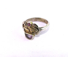 Vtg Artisan Ring Purple Amethyst Sterling Silver 8.5 Band Gold Washed Accent