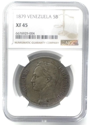 1879 Venezuela First 5 Bolivares - NGC XF45 Silver Coin