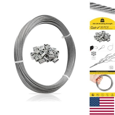 Multipurpose 1/16 In. Stainless Steel Rope, 100FT with 50 Crimp Sleeves Included