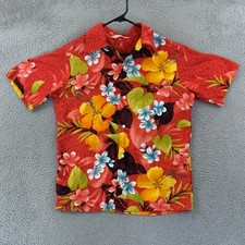 Vintage Sears Hawaiian Shirt Men Medium Red Short Sleeve Floral Button 60s Aloha