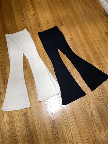 Pair of Fashion Nova Ribbed Knit Flare Pants Cream and Black Stretchy Small NWT