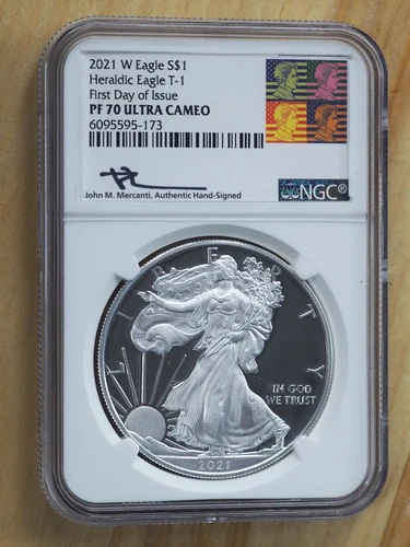 2021 W $1 American Silver Eagle Heraldic T-1 NGC PF 70 Ultra Cameo FDOI Mercanti