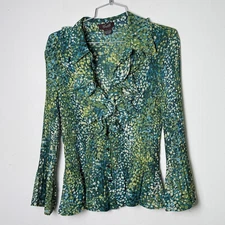 VTG Camille La Vie Pleated Ruffle Front Long Sleeve Blouse Shirt Green Floral