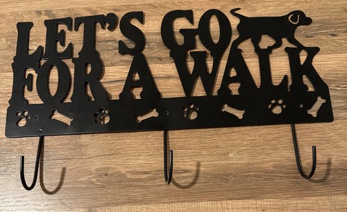 Dog Leash Holder Wall 3D Metal Cut Out 3 Hooks Let’s Go For A Walk 17” Plaque