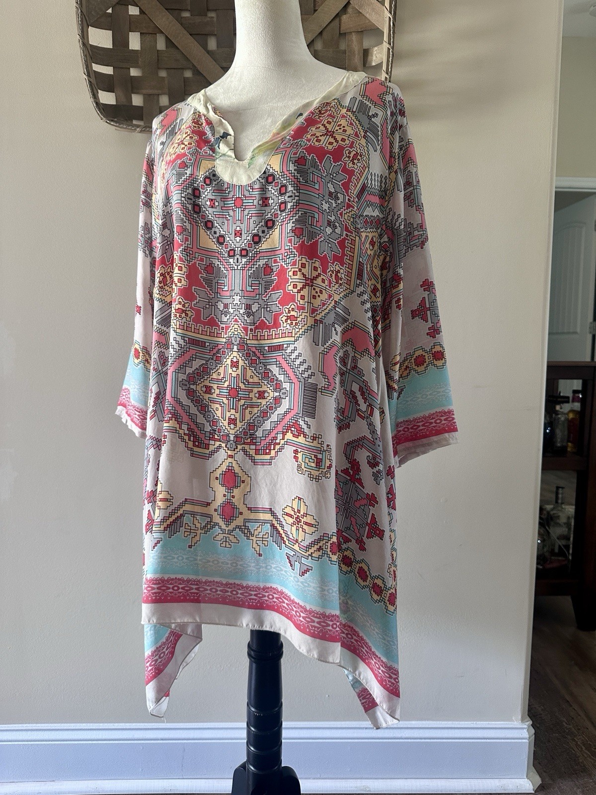 Johnny Was Silk Tunic Kimono Top in Alamo Turquoise Coral Southwest Print Size XL