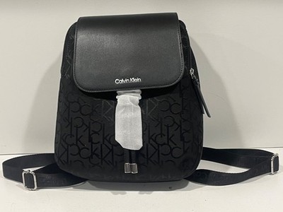 NWT Calvin Klein Women's Medium  Zip Backpack CK Logo  Black   Leather