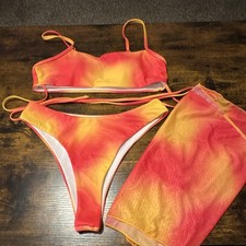 Women’s Orange Pink Yellow Tie Dye 3-Piece Bandeau Bikini + Skirt Set S