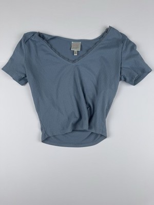 Belle Du Jour Womens Crop Top Small Blue Ribbed V Neck Lace Trim Short Sleeve