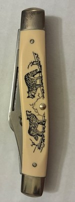 Schrade USA Scrimshaw Wolf Pocket Knife SC505 Stockman Very Good Cond 3 Blade