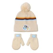 Bluey Toddler Beanie and Mittens Set Cream Striped Knit Hat Pom Pom NWT
