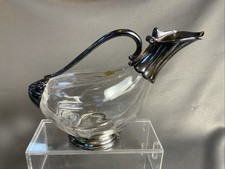 1970s Royal Crystal Rock Glass and Silver Plate Duck Decanter Pitcher