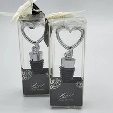 Lot of 2 Heart Shaped Wine Stopper Wedding New in Box Gift Ready Stainless Steel
