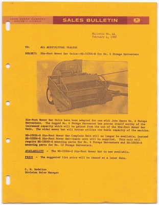 VTG 1960 John Deere Sales Bulletin Dealership Memo - Mower Bar No. 6 Forage Harv