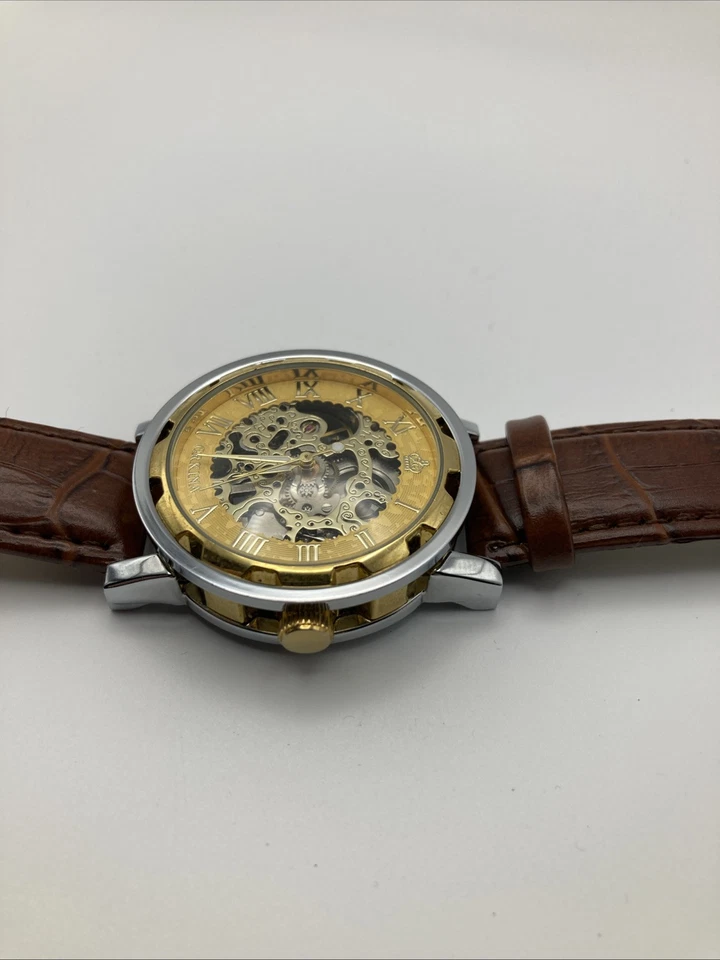 MG ORKINA AUTOMATIC SKELATON GOLD COLORED FACE WATCH WITH BROWN LEATHER BAND EUC - Image 4 of 4