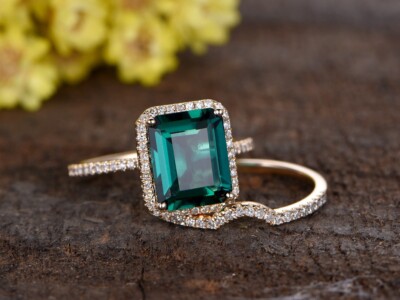 Bague de mariage achats diamant émeraude naturelle taille émeraude 1,90 ct or rose 14 carats taille 7
