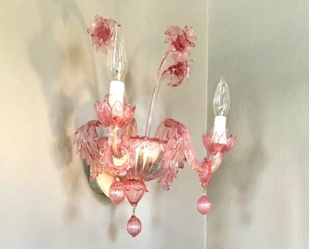 Antique Vintage Pink Venetian Murano Art Glass Wall Sconce Set Of