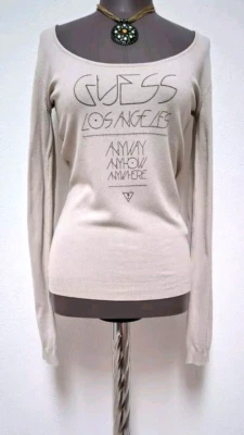 GUESS LOS ANGELES 💙❤️ Dünner Pulli SPRÜCHE Damen Gr.S VISKOSE Beige Gebraucht - Bild 1 von 4