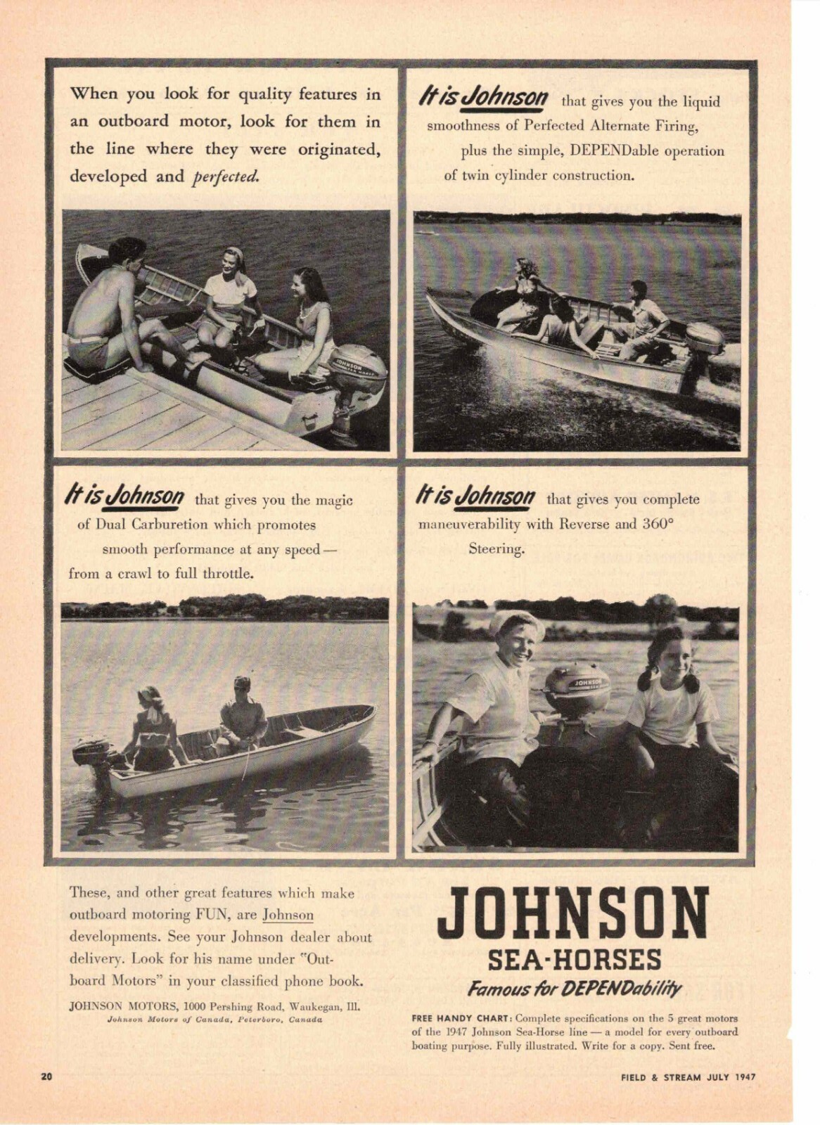 Johnson Sea Horse Outboard Motor ad  quality features 1947 Waukegan IL