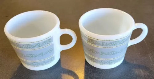 2 Vintage Pyrex Tableware Nile Coffee Mugs Corning 718-25 Green Gray White Cups