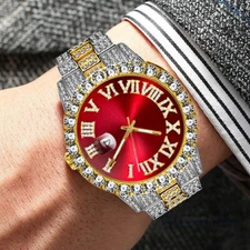 Diamond 8" Luxury Men's Bling Hip Hop Iced Watch & Bracelet Set Fashion Gifts
