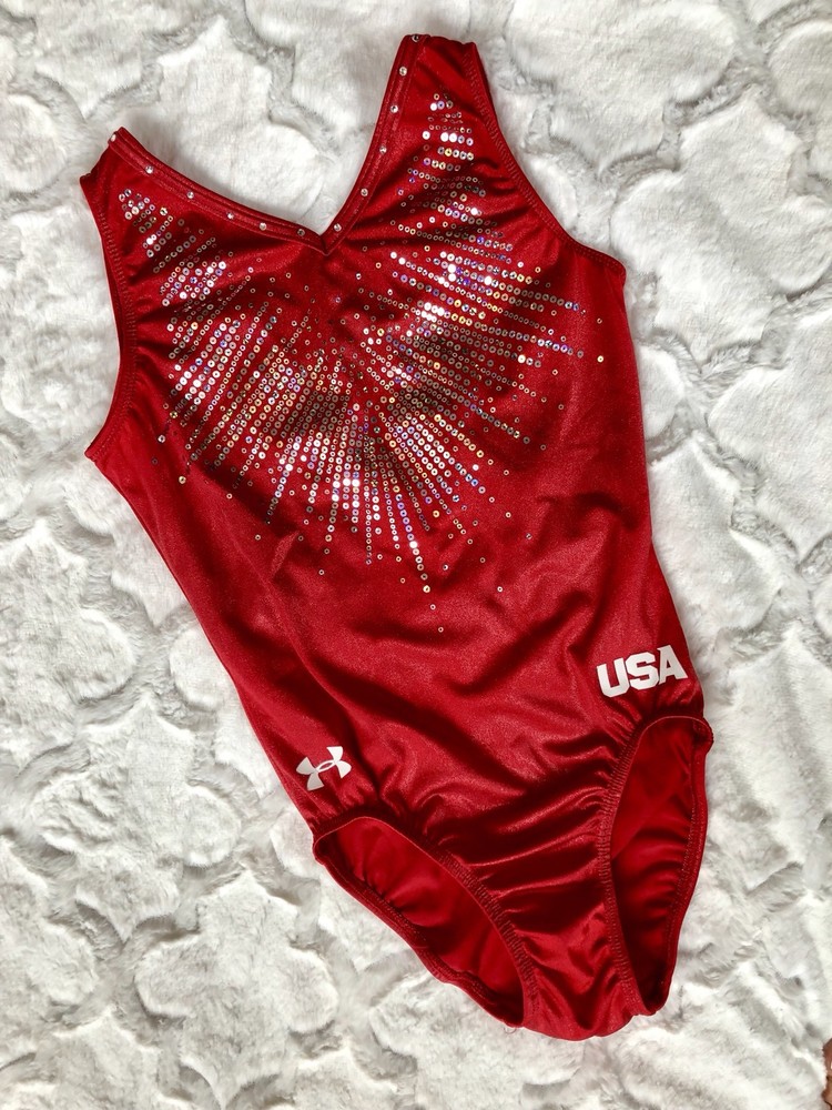 GK ELITE Under Armour Red Rhinestone Bling Gymnastics Leotard USA Sequinz