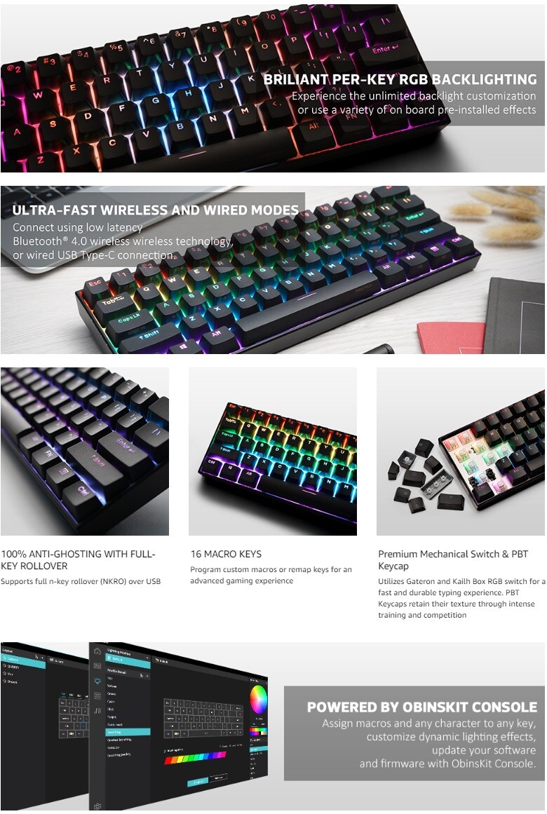 Black 60%Wired/Wireless Mechanical Keyboard-Red Switches-Doubleshot PBT Keycaps