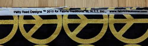 PATTY REED Fabric 3 Yds x 45" Metallic Gold PEACE SIGNS on Black COTTON BLEND - Picture 4 of 4