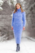 SuperTanya blue long mohair sweater dress fuzzy wool fluffy hand knit gown S