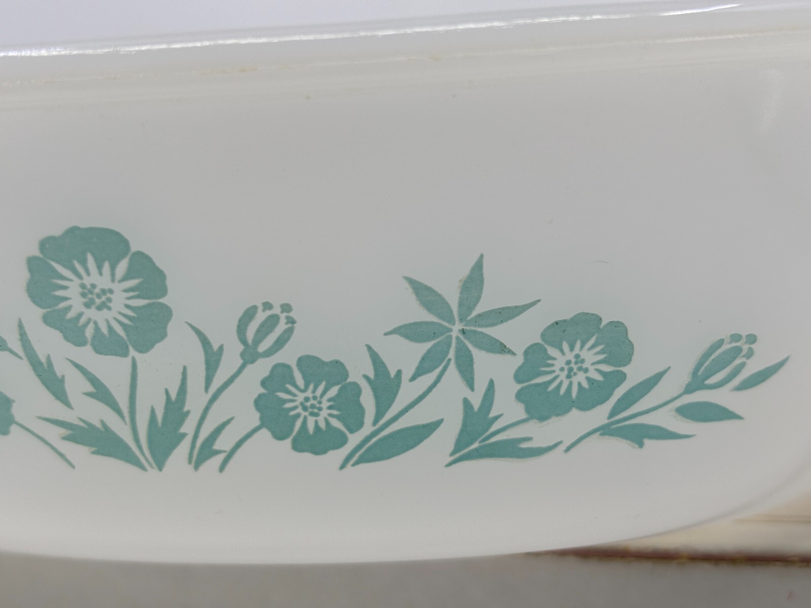 Vintage 1961-83 Glasbake Aqua Blue Floral on Milk Glass Oval Casserole with Lid