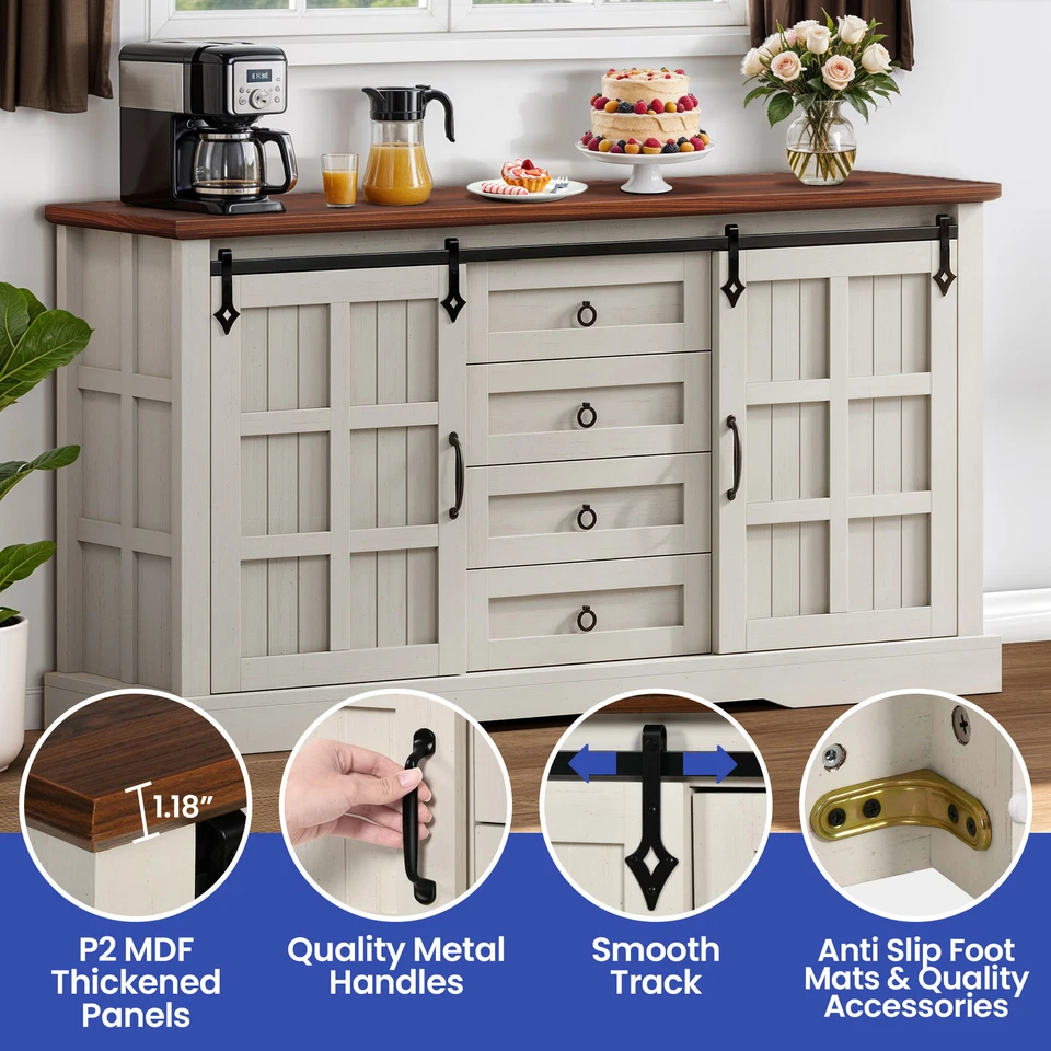 59" Aparador Armario 4 Cajones Cocina Almacenamiento Estante Ajustable con Puerta Corredera Foto 3 de 4