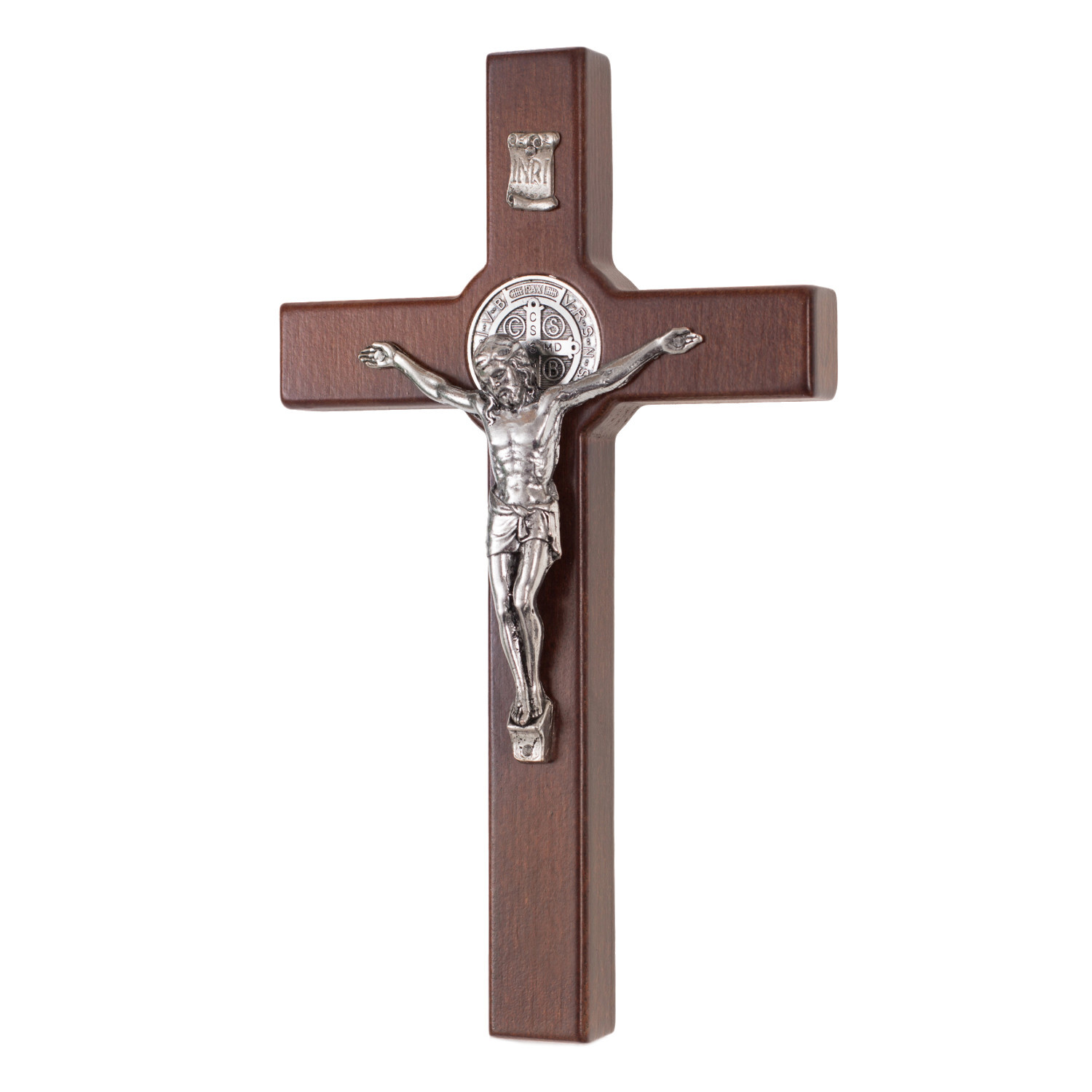 Croix Saint Benoît bois bronze suspendue C22.22.02 : grand crucifix mural de dévotion chrétienne
