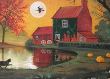 ACEO PRINT OF PAINTING RYTA HALLOWEEN WITCH BLACK CAT HAUNTED FARM MILL Folk Art