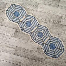 Vintage Handmade Crocheted Dresser Scarf Doily Table Runner Blue & White 20"x6"