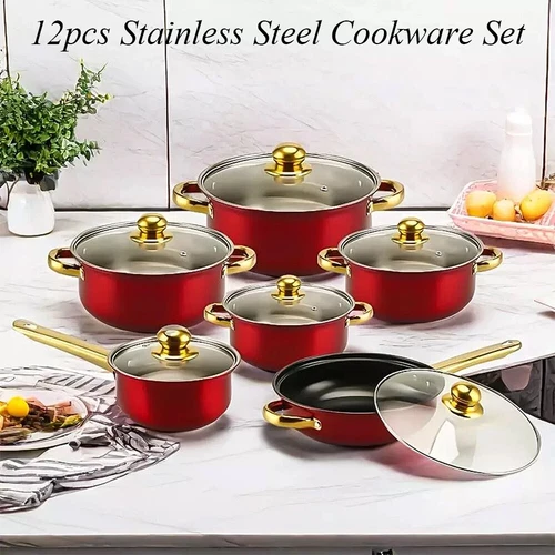 12 Piece Cookware Set Nonstick Pots and Pans Home Kitchen Cooking Non Stick, Red