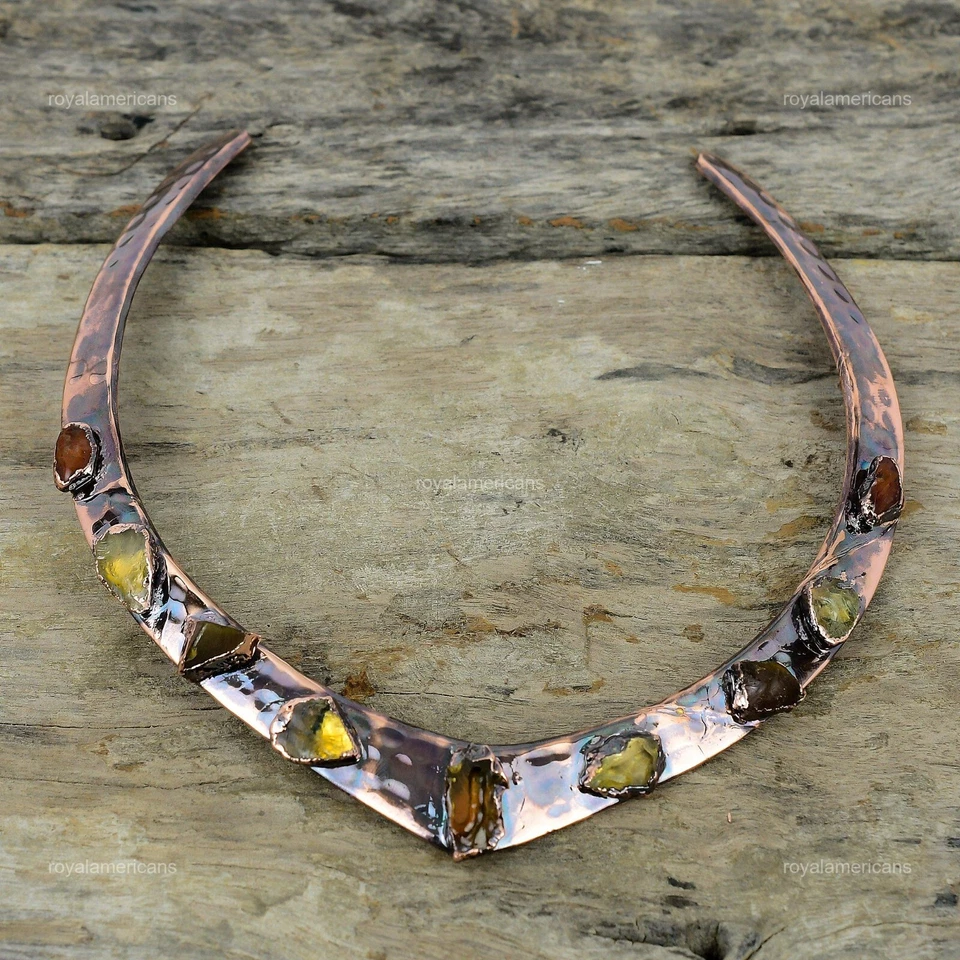 Gargantilla de cobre áspero natural Hessonita bisel electroformado collar joyería Foto 4 de 4