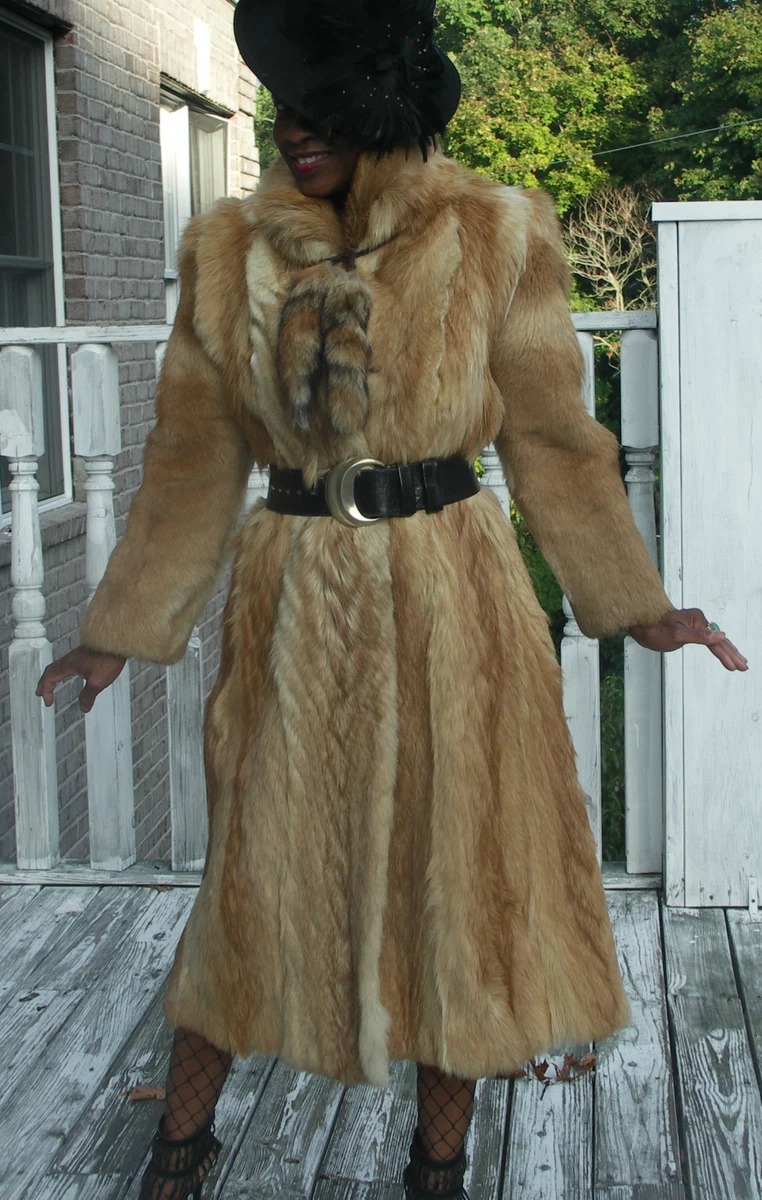 Unique Designer Full length gold brown Coyote goat fur Coat Jacket