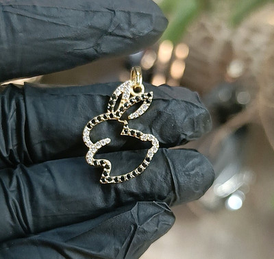 2Ct Round Lab Created Black & White Diamond Bunny Pendant 14K Yellow Gold Plated