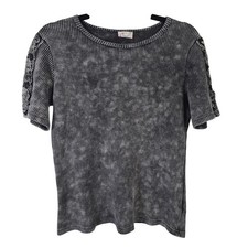 BIBI Women Black White Acid Wash Waffle Knit Lace Shoulder Top Small