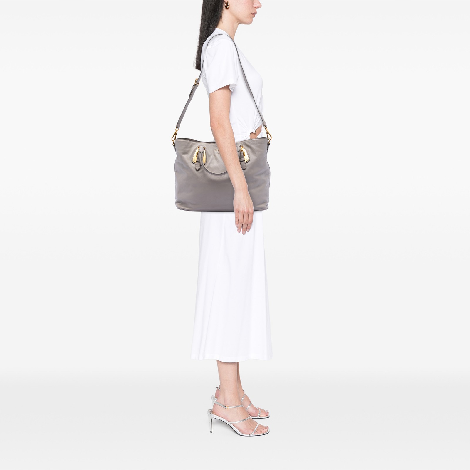 Authenticated Prada Soft Calfskin Open Convertible Shopping Tote Gray thumbnail 6