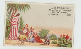 Mr Fancy Cancel C O Currier Druggist & Chemist Stonehams Mass Ad Card #561