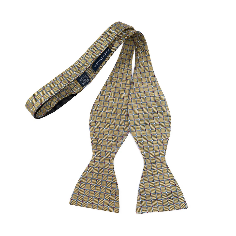 Saddlebred Bow Tie Gold Blue Check Silk Self Tie Adjustable - Image 4 of 4