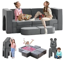 22 Pcs Kids Couch Sofa Fold Out Couch Play Set Modular Foam Play Couch Blue/Gray