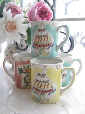 Laura Ashley Vintage 1994 Keramik Kaffeebecher Handbemalt, 4er Set - EDEL