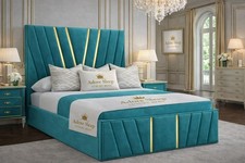 V Victor Gold Strip Lined Panel Luxury BED FRAME MATTRESS + GAS LIFT STORAGE 