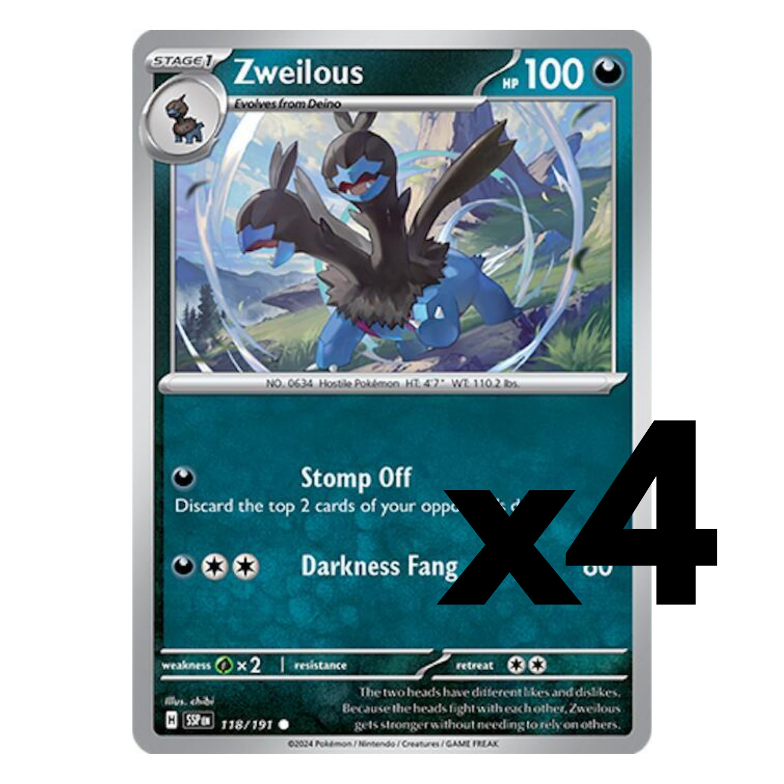 4x Zweilous - 118/191 - SV08: Surging Sparks (SSP) Pokemon Playset x4