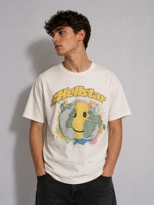 Smiley World T-Shirt Weiß Kurzarm Gr. L mit Hellstar Front- & Backprint
