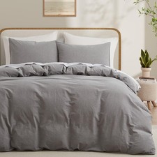 Light Grey Cotton Duvet Cover King Size, Linen Like Natural Bedding Set with Zip
