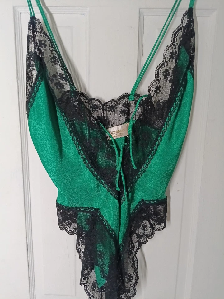 Vintage 90s Victoria's Secret emerald green Teddy Gown Lingerie nighty M b5 - Image 3 of 4