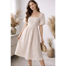 NWT Bohme Sz XL Karrie Champagne Embrd Lace Overlay Puff Slv Back Shirred Dress