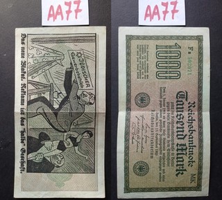AA77 = One Germany banknote 1000 mark 1922 devalued by a political overprint